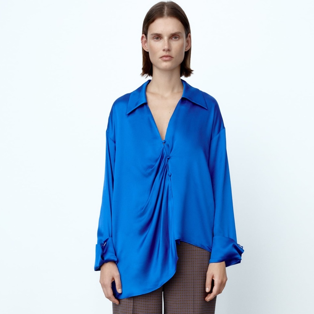 ZARA Royal Blue Satin Effect Asymmetric Blouse
